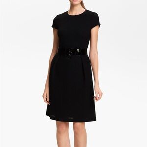 St John Black Textured Jewel Neck Pleated A-Line Short Sleeve Dress size ~S